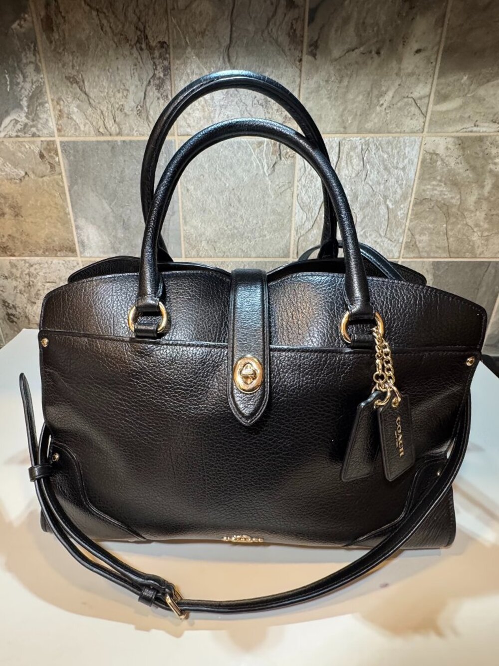 Coach Mercer 30 Black Pebbled Leather Satchel Gold Hardware